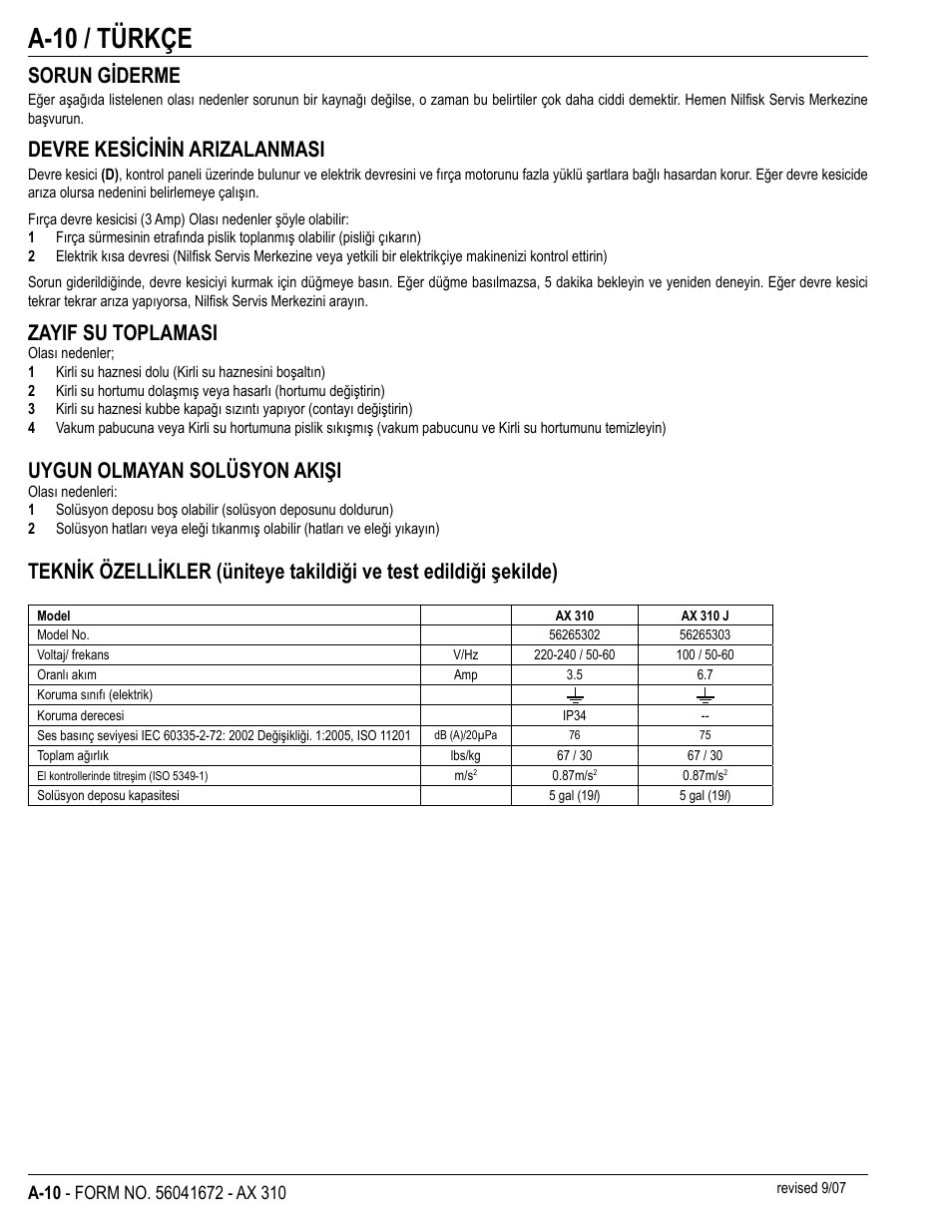 A-10 / türkçe, Sorun giderme, Devre kesicinin arizalanmasi | Zayif su toplamasi, Uygun olmayan solüsyon akişi | Nilfisk-Advance America NILFISK AX 310 User Manual | Page 12 / 28