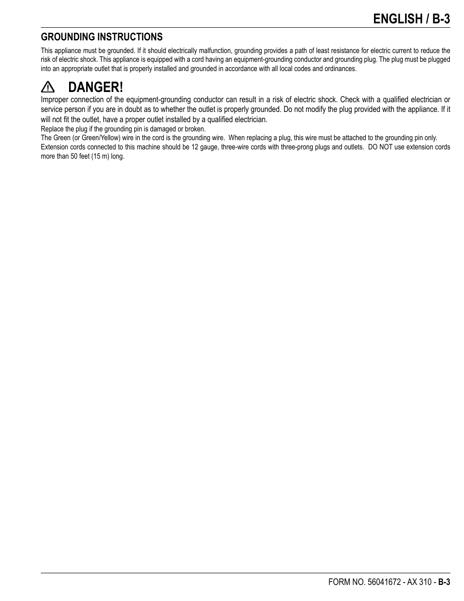 Danger, English / b-3 | Nilfisk-Advance America NILFISK AX 310 User Manual | Page 17 / 28