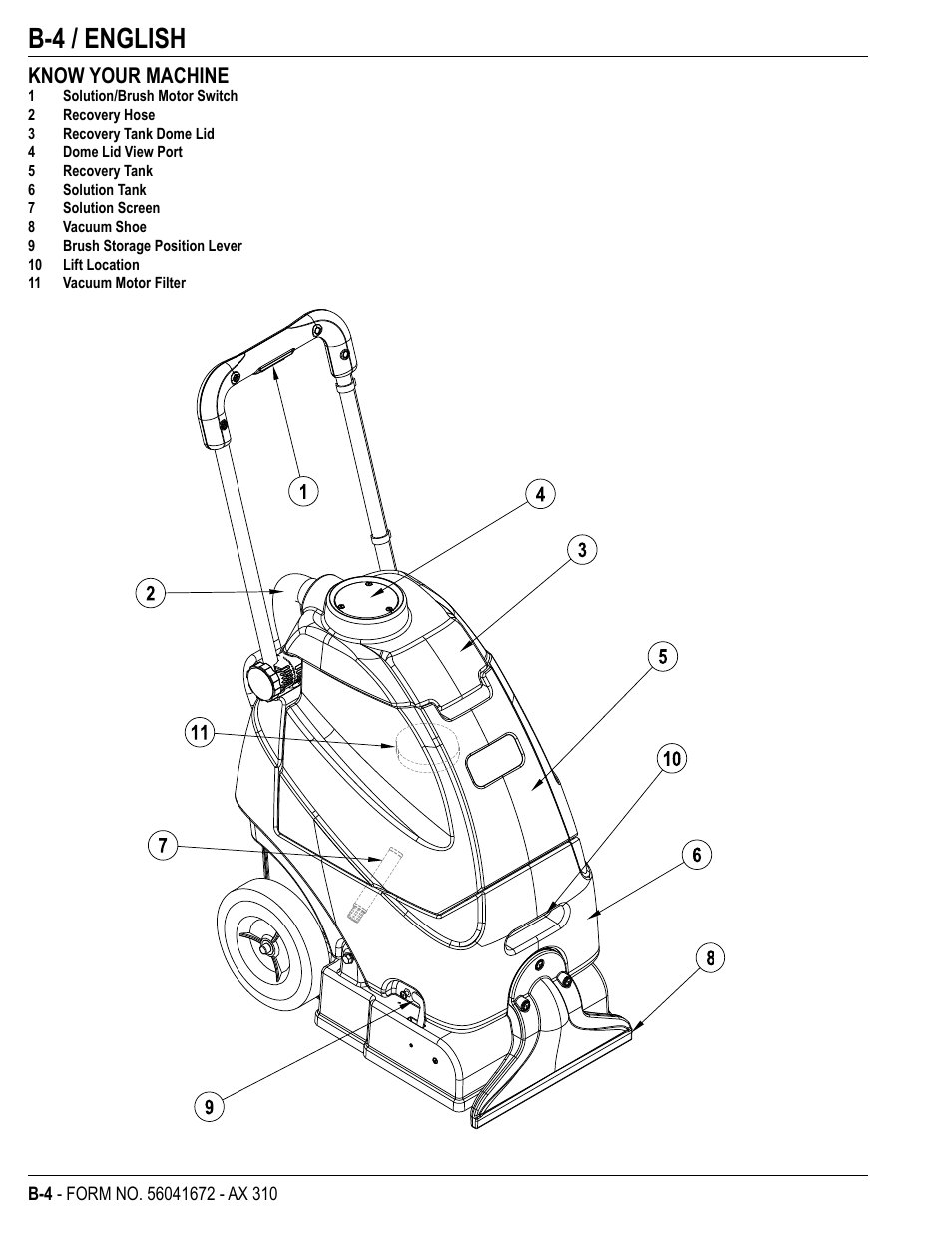 B-4 / english, Know your machine | Nilfisk-Advance America NILFISK AX 310 User Manual | Page 18 / 28