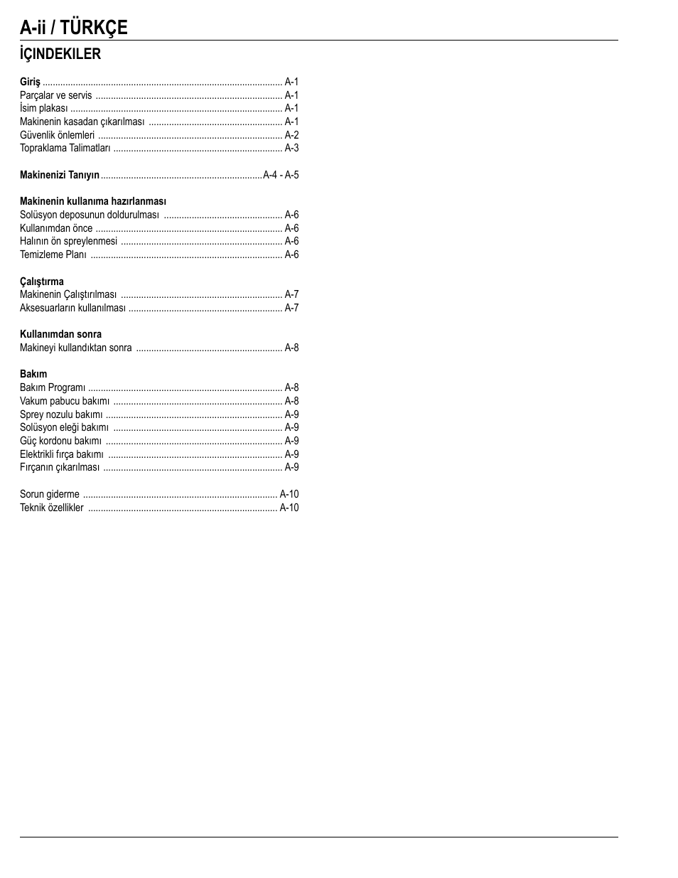 A-ii / türkçe, Içindekiler | Nilfisk-Advance America NILFISK AX 310 User Manual | Page 2 / 28