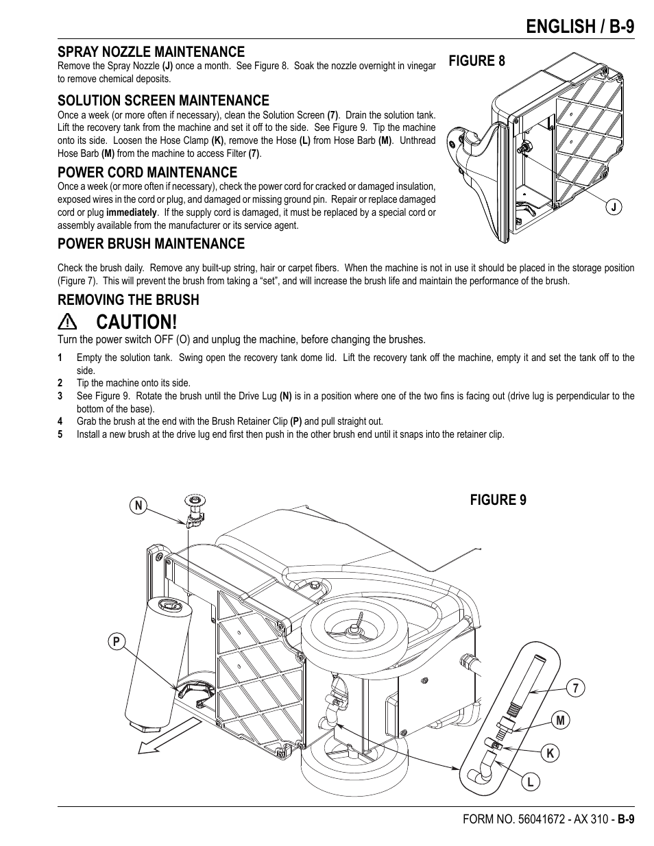 Caution, English / b-9 | Nilfisk-Advance America NILFISK AX 310 User Manual | Page 23 / 28