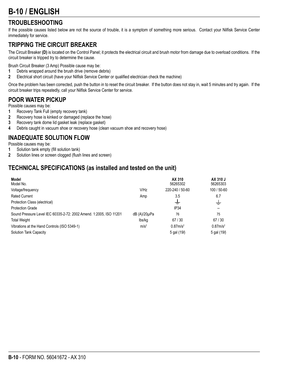 B-10 / english, Troubleshooting, Tripping the circuit breaker | Poor water pickup, Inadequate solution flow | Nilfisk-Advance America NILFISK AX 310 User Manual | Page 24 / 28