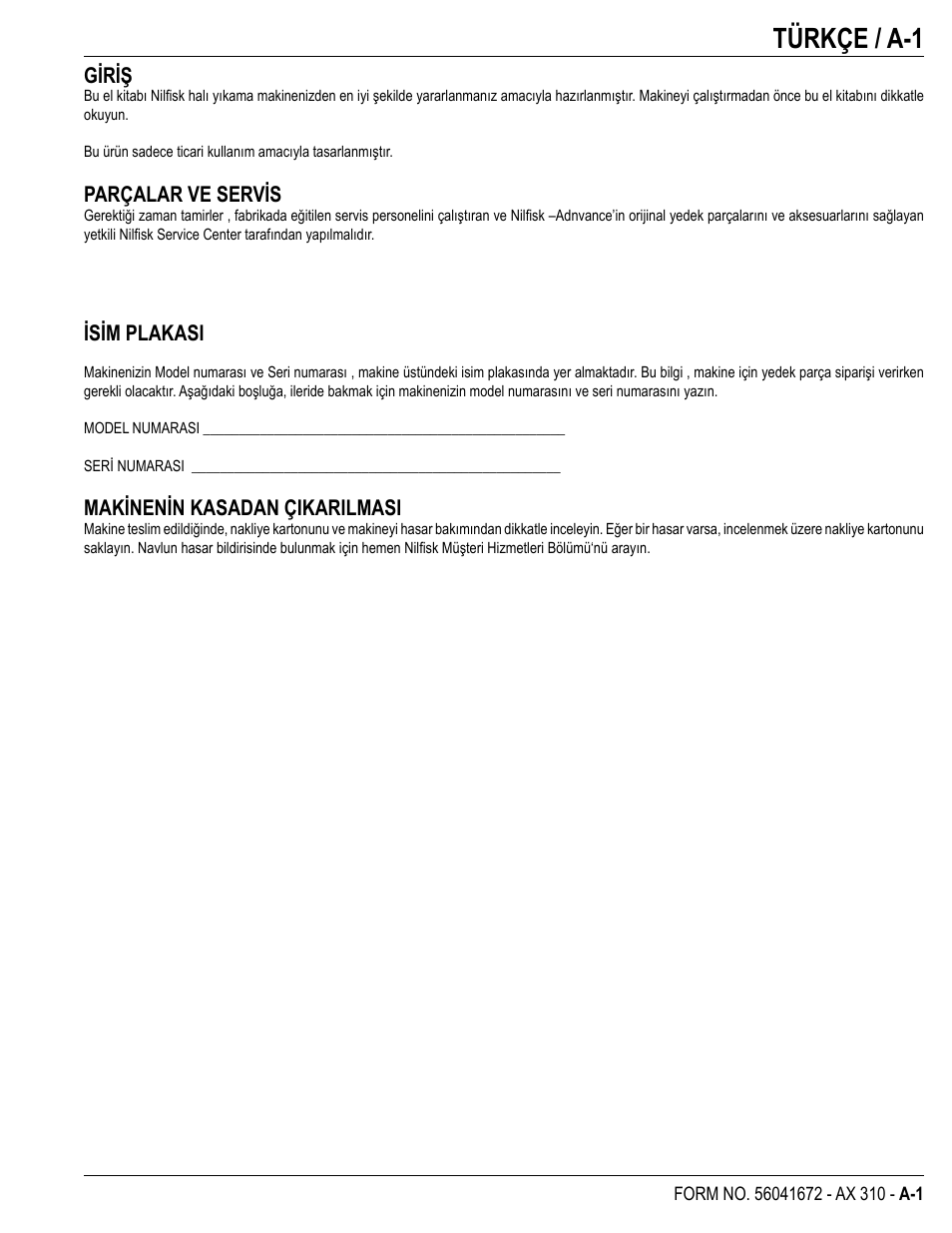 Türkçe / a-1 | Nilfisk-Advance America NILFISK AX 310 User Manual | Page 3 / 28