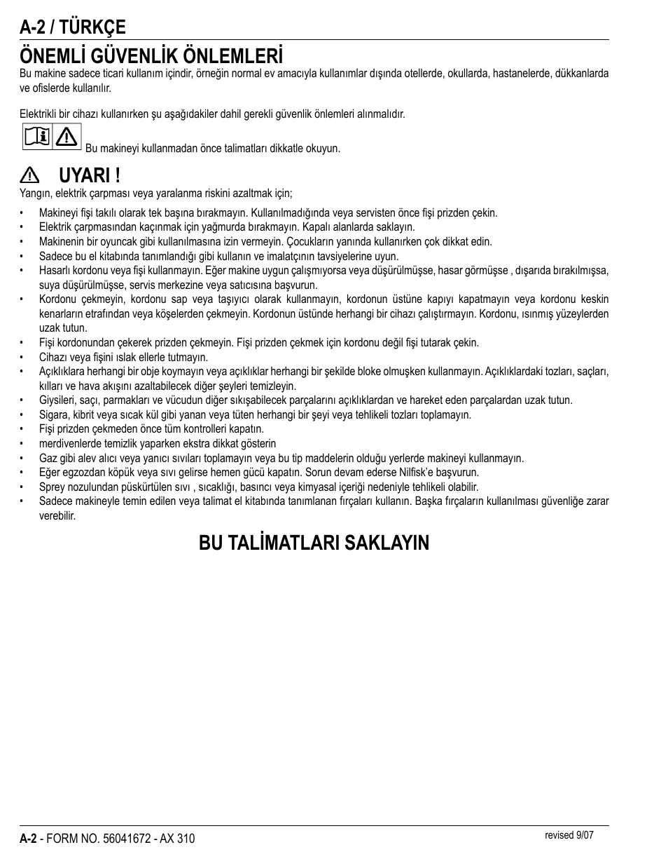 Önemli güvenlik önlemleri, Uyari, Bu talimatlari saklayin | A-2 / türkçe | Nilfisk-Advance America NILFISK AX 310 User Manual | Page 4 / 28