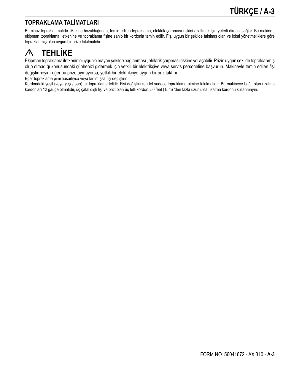 Tehlike, Türkçe / a-3 | Nilfisk-Advance America NILFISK AX 310 User Manual | Page 5 / 28