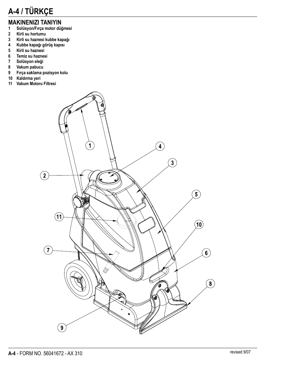 A-4 / türkçe, Makinenizi taniyin | Nilfisk-Advance America NILFISK AX 310 User Manual | Page 6 / 28