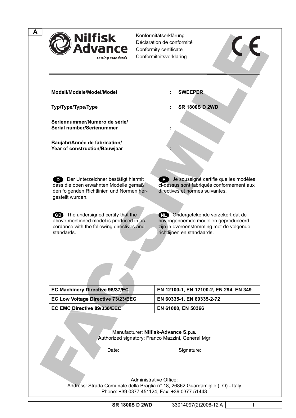 Ac a c-simile le le cc | Nilfisk-Advance America SR 1800S 2WD User Manual | Page 107 / 118