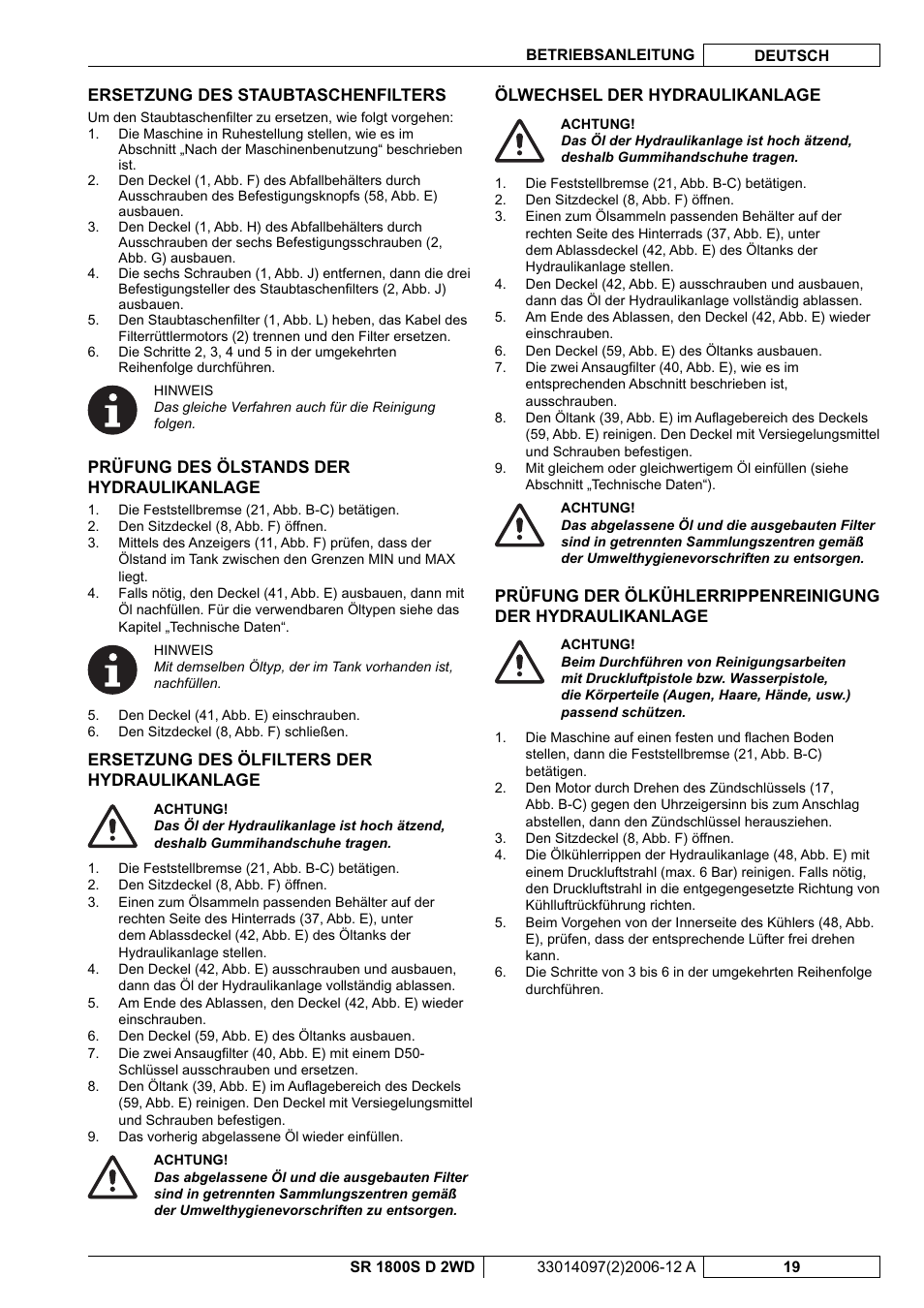 Nilfisk-Advance America SR 1800S 2WD User Manual | Page 21 / 118