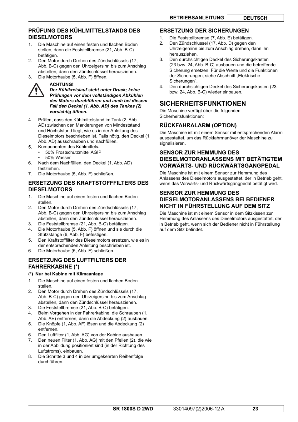 Sicherheitsfunktionen | Nilfisk-Advance America SR 1800S 2WD User Manual | Page 25 / 118