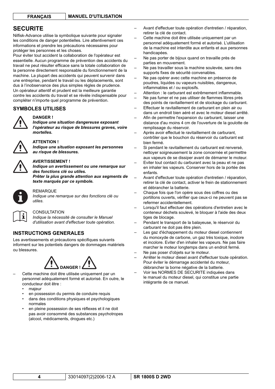 Securite | Nilfisk-Advance America SR 1800S 2WD User Manual | Page 32 / 118