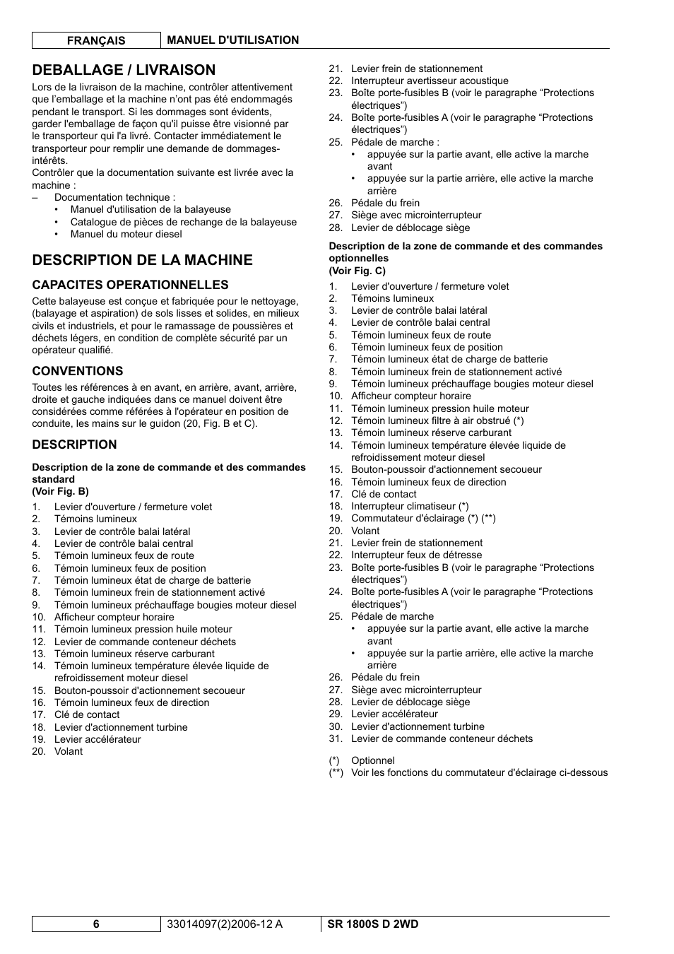 Deballage / livraison, Description de la machine | Nilfisk-Advance America SR 1800S 2WD User Manual | Page 34 / 118