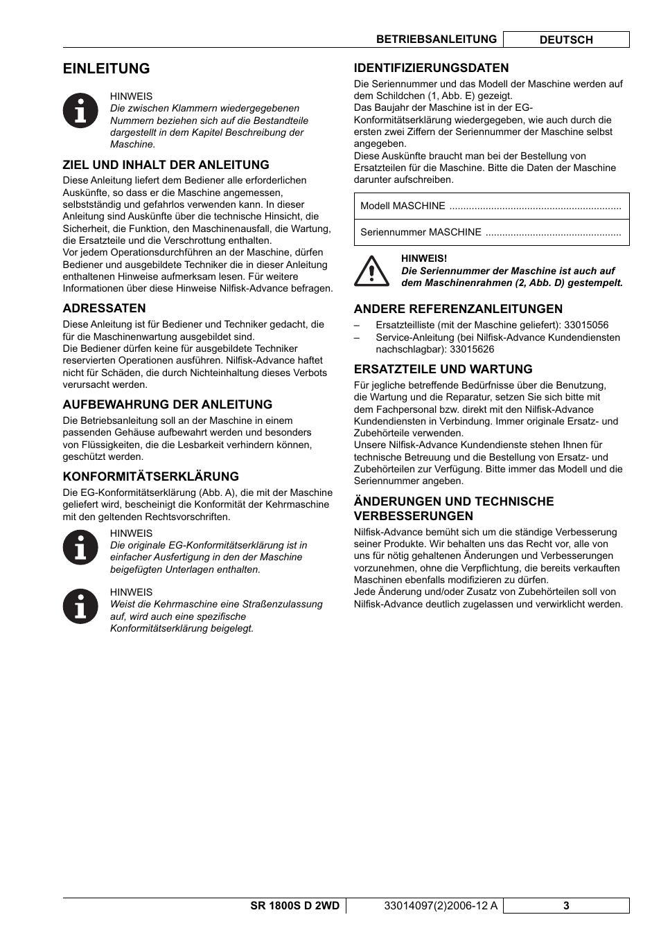 Einleitung | Nilfisk-Advance America SR 1800S 2WD User Manual | Page 5 / 118