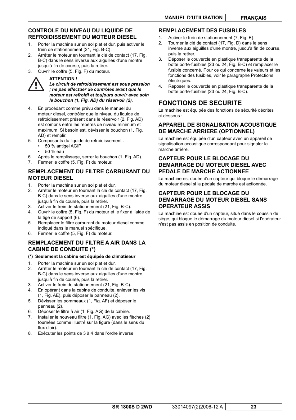 Fonctions de securite | Nilfisk-Advance America SR 1800S 2WD User Manual | Page 51 / 118