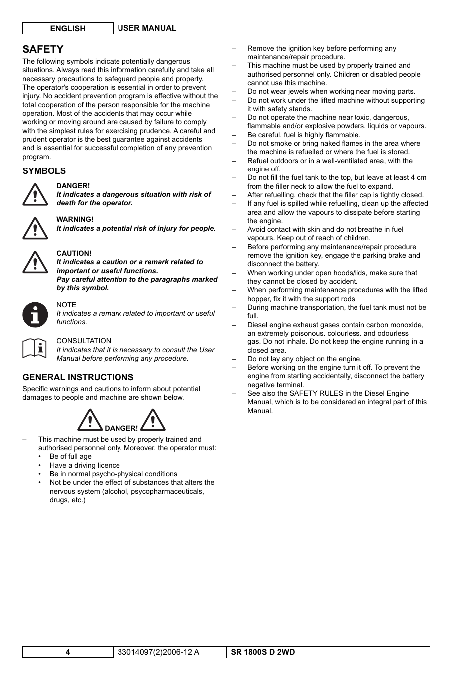 Safety | Nilfisk-Advance America SR 1800S 2WD User Manual | Page 58 / 118