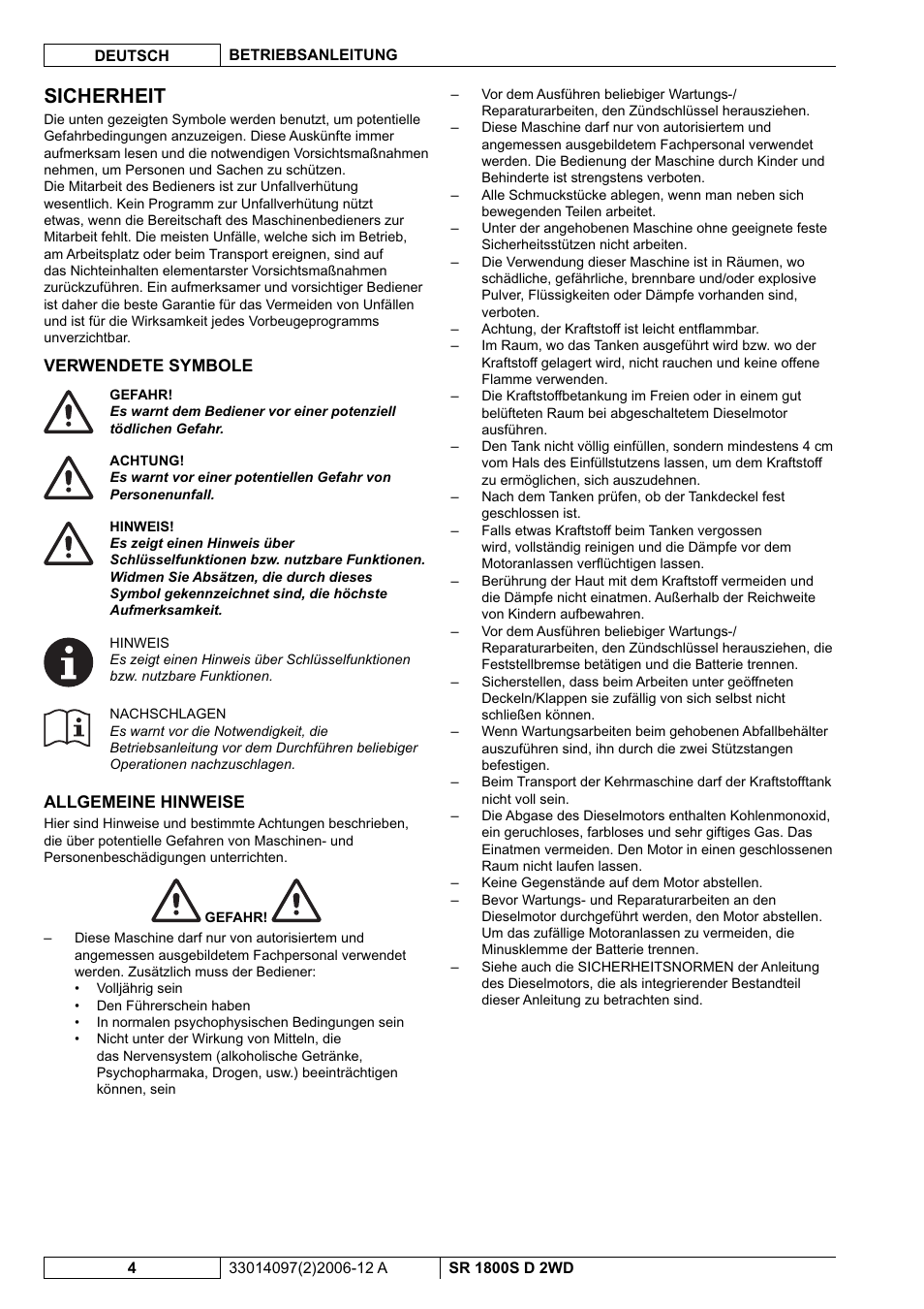 Sicherheit | Nilfisk-Advance America SR 1800S 2WD User Manual | Page 6 / 118