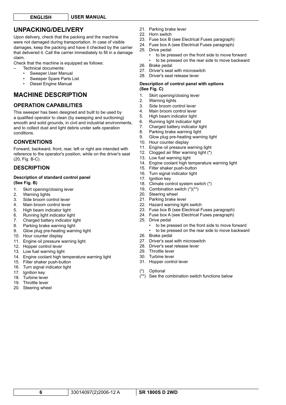 Unpacking/delivery, Machine description | Nilfisk-Advance America SR 1800S 2WD User Manual | Page 60 / 118