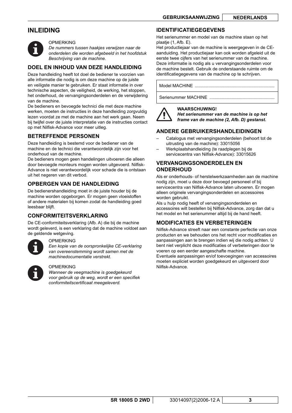 Inleiding | Nilfisk-Advance America SR 1800S 2WD User Manual | Page 83 / 118