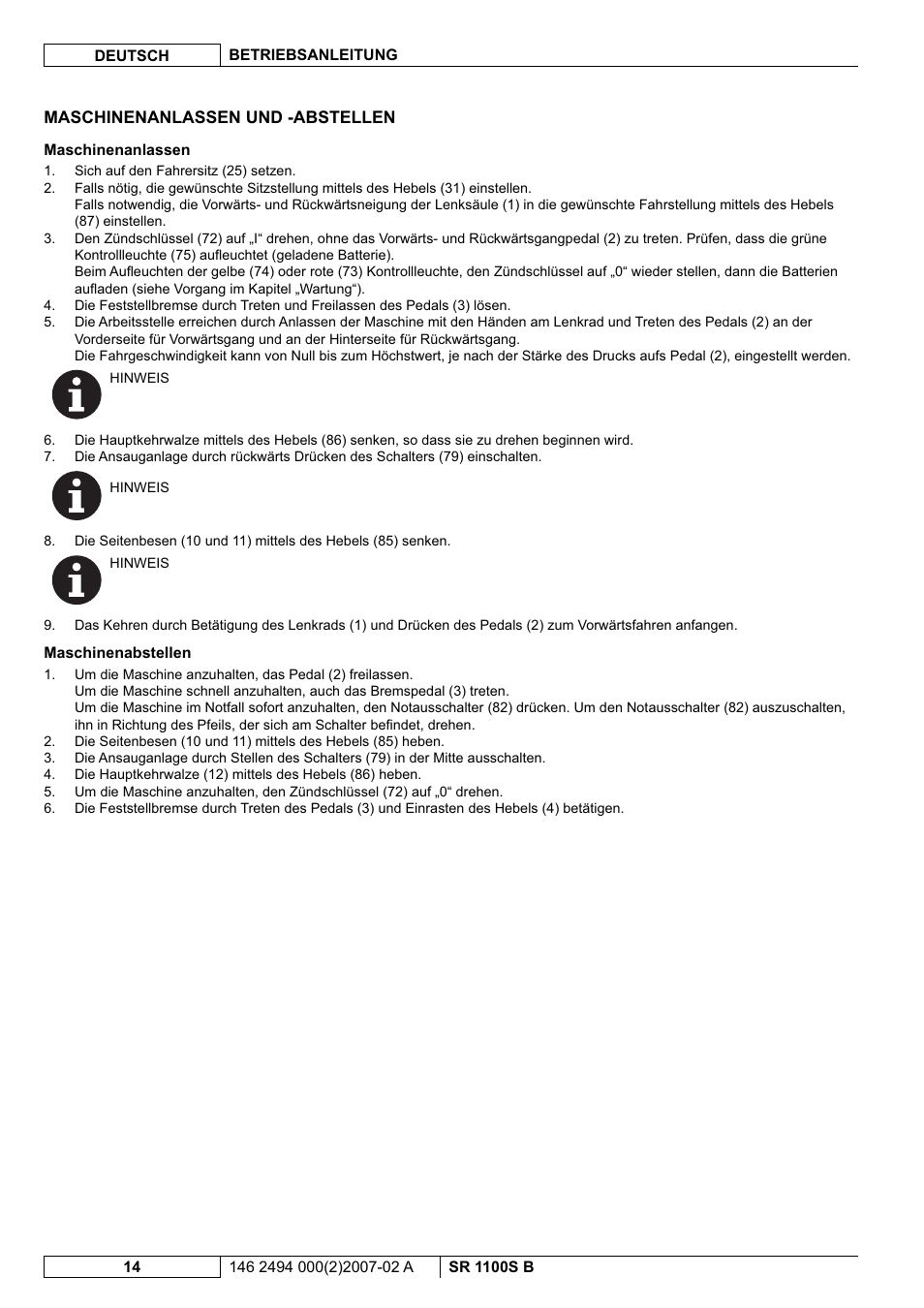 Nilfisk-Advance America SWEEPER SR 1100S B User Manual | Page 16 / 100