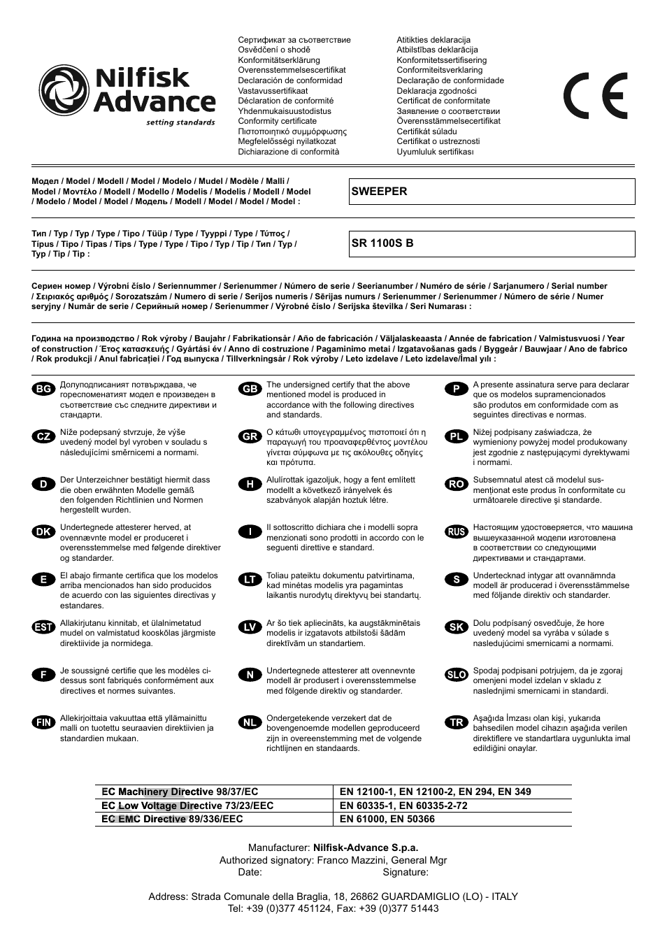 Fa c-simile fa fa fa fa | Nilfisk-Advance America SWEEPER SR 1100S B User Manual | Page 2 / 100