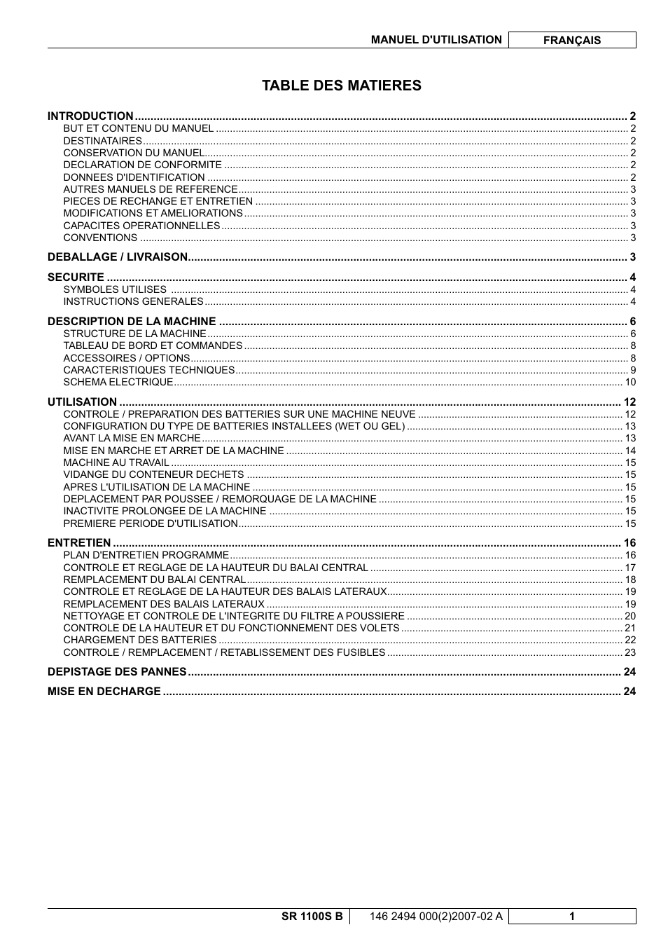 Table des matieres | Nilfisk-Advance America SWEEPER SR 1100S B User Manual | Page 27 / 100