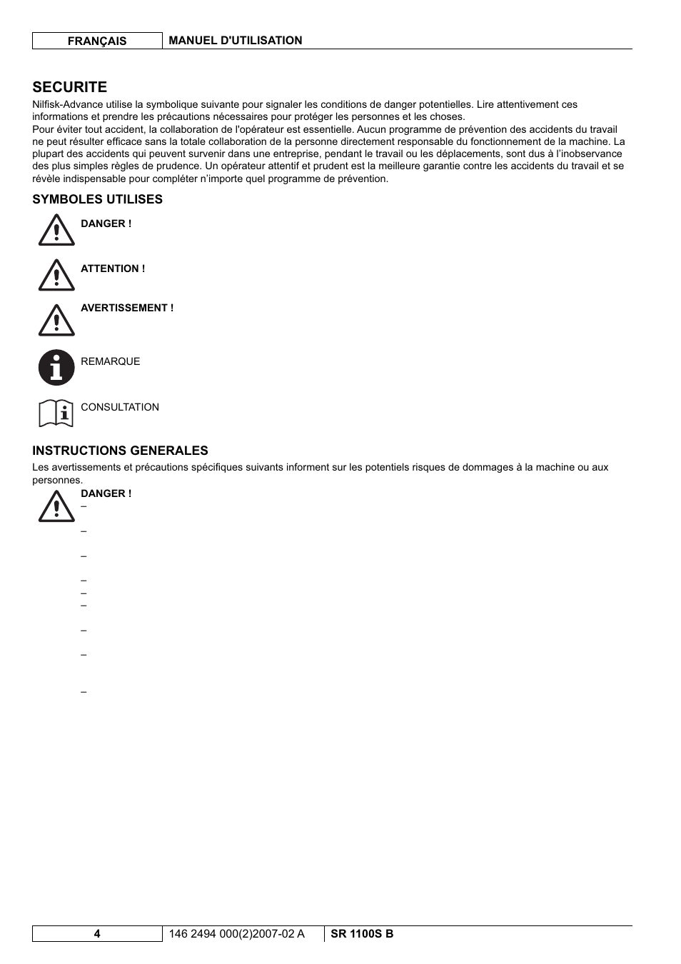 Securite | Nilfisk-Advance America SWEEPER SR 1100S B User Manual | Page 30 / 100