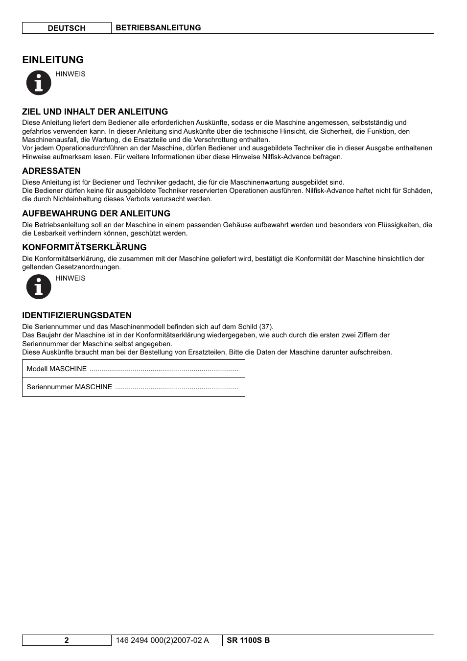Einleitung | Nilfisk-Advance America SWEEPER SR 1100S B User Manual | Page 4 / 100