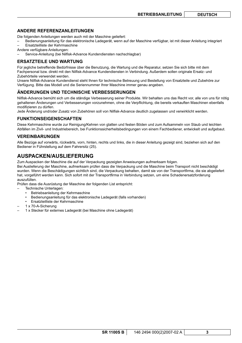Auspacken/auslieferung | Nilfisk-Advance America SWEEPER SR 1100S B User Manual | Page 5 / 100