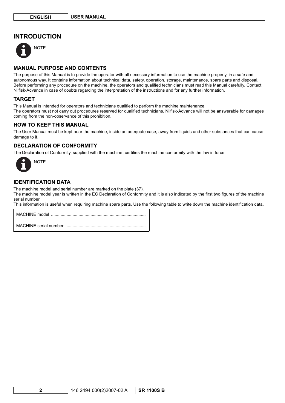 Introduction | Nilfisk-Advance America SWEEPER SR 1100S B User Manual | Page 52 / 100