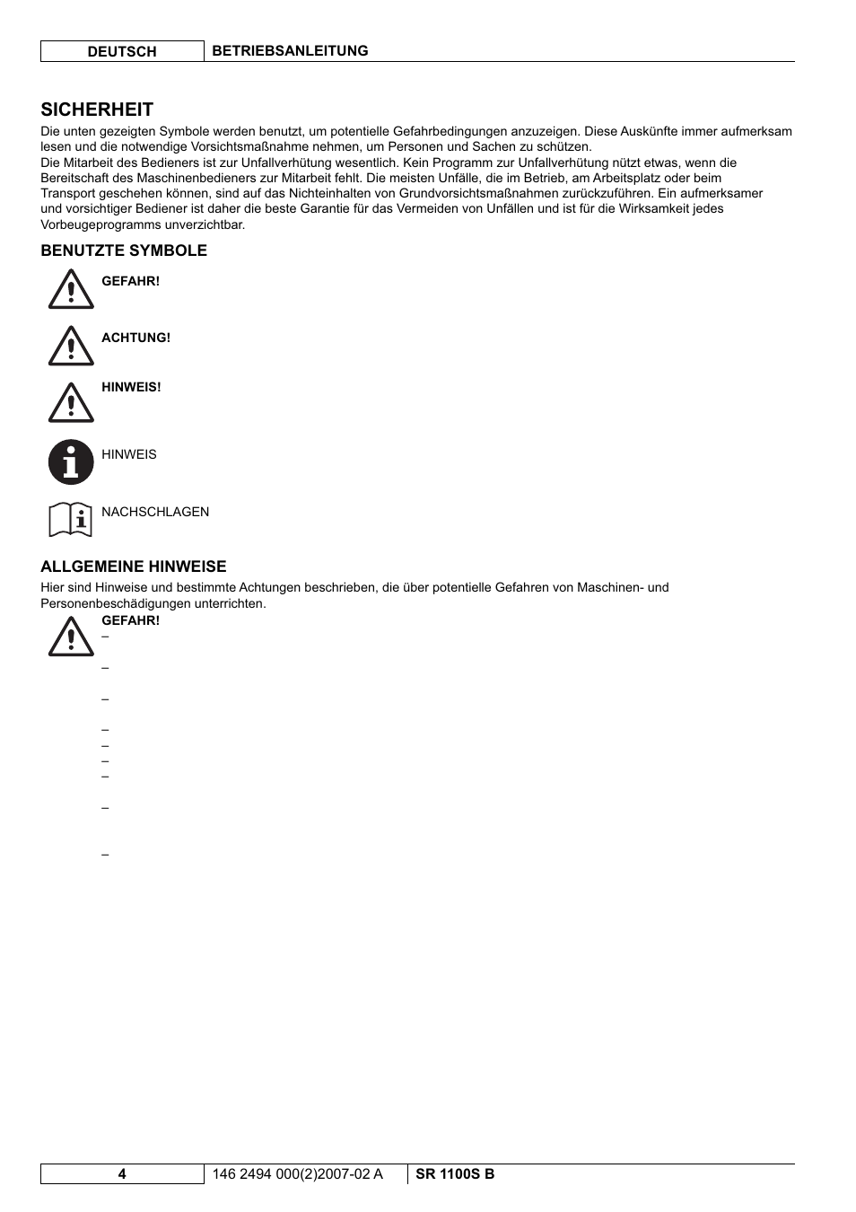 Sicherheit | Nilfisk-Advance America SWEEPER SR 1100S B User Manual | Page 6 / 100