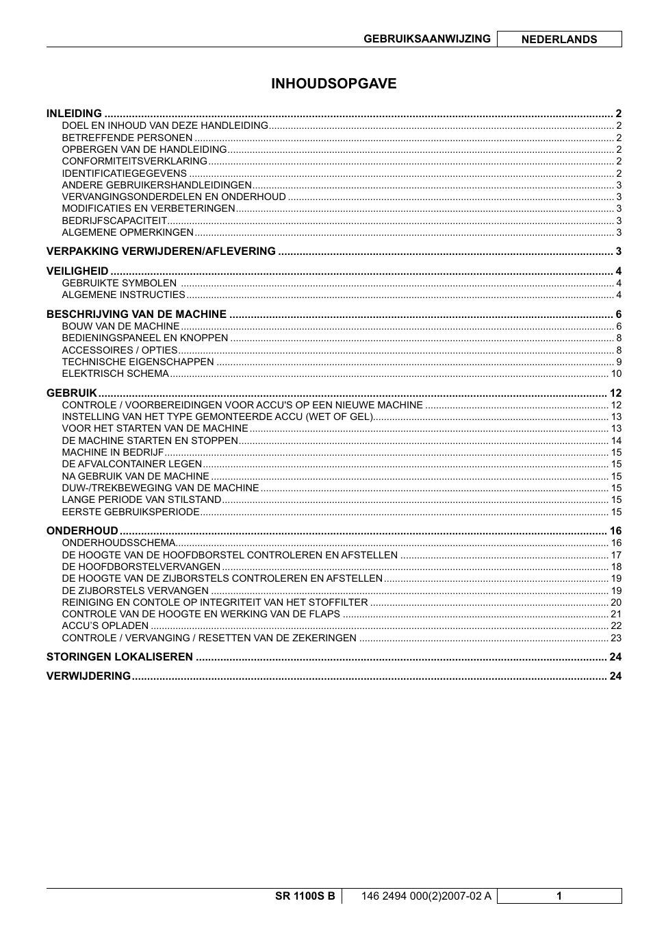 Inhoudsopgave | Nilfisk-Advance America SWEEPER SR 1100S B User Manual | Page 75 / 100