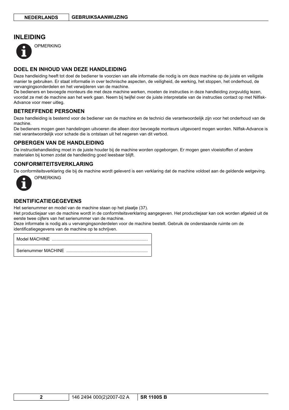 Inleiding | Nilfisk-Advance America SWEEPER SR 1100S B User Manual | Page 76 / 100