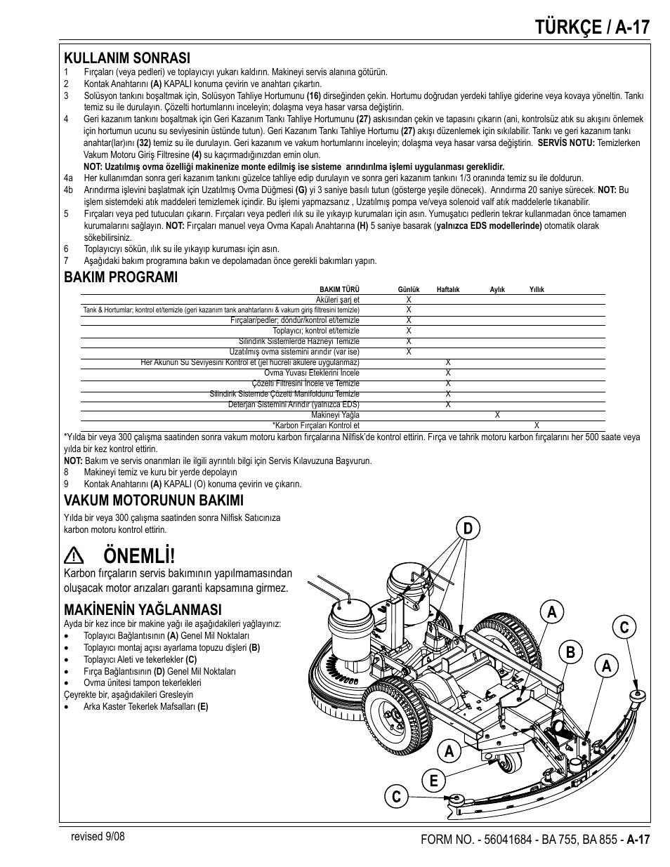 Önemli, Türkçe / a-17, Kullanim sonrasi | Bakim programi, Vakum motorunun bakimi, Makinenin yağlanmasi, Revised 9/08 | Nilfisk-Advance America 56315047(855 EDS) User Manual | Page 17 / 48