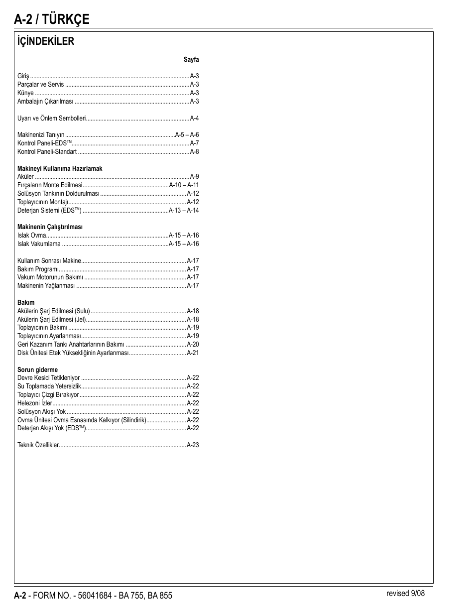 A-2 / türkçe, Içindekiler | Nilfisk-Advance America 56315047(855 EDS) User Manual | Page 2 / 48