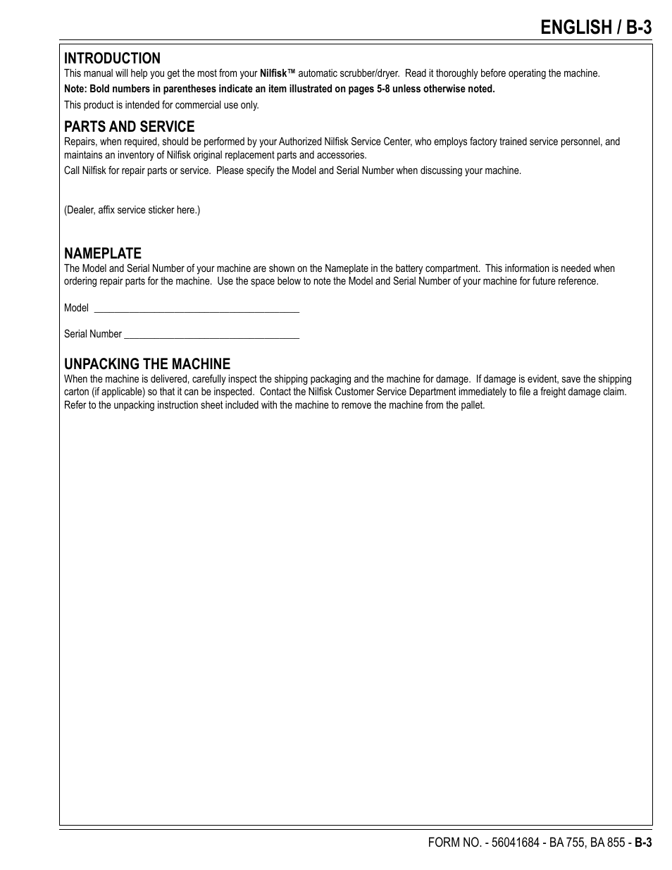 English / b-3 | Nilfisk-Advance America 56315047(855 EDS) User Manual | Page 25 / 48