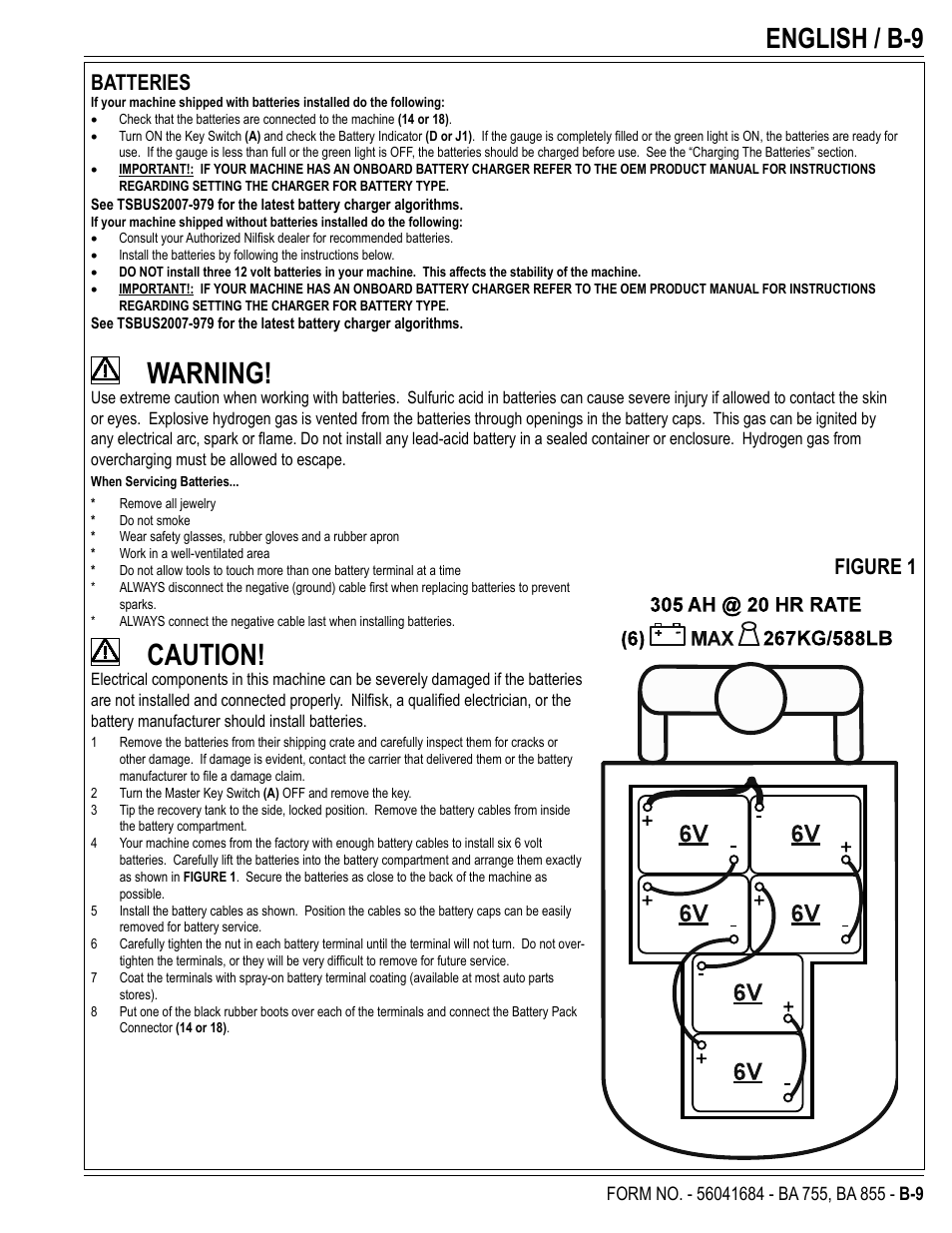 Warning, Caution, English / b-9 | Batteries, Figure 1 | Nilfisk-Advance America 56315047(855 EDS) User Manual | Page 31 / 48