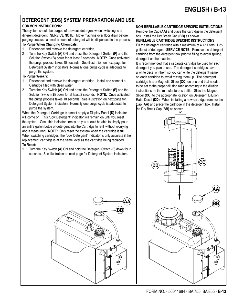 English / b-13, Detergent (eds) system preparation and use | Nilfisk-Advance America 56315047(855 EDS) User Manual | Page 35 / 48