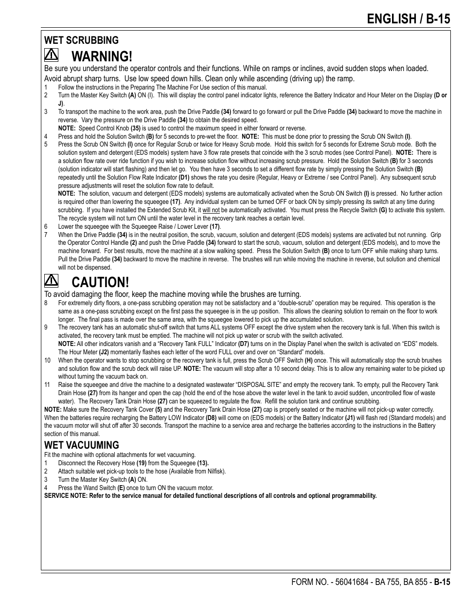 Warning, Caution, English / b-15 | Wet scrubbing, Wet vacuuming | Nilfisk-Advance America 56315047(855 EDS) User Manual | Page 37 / 48