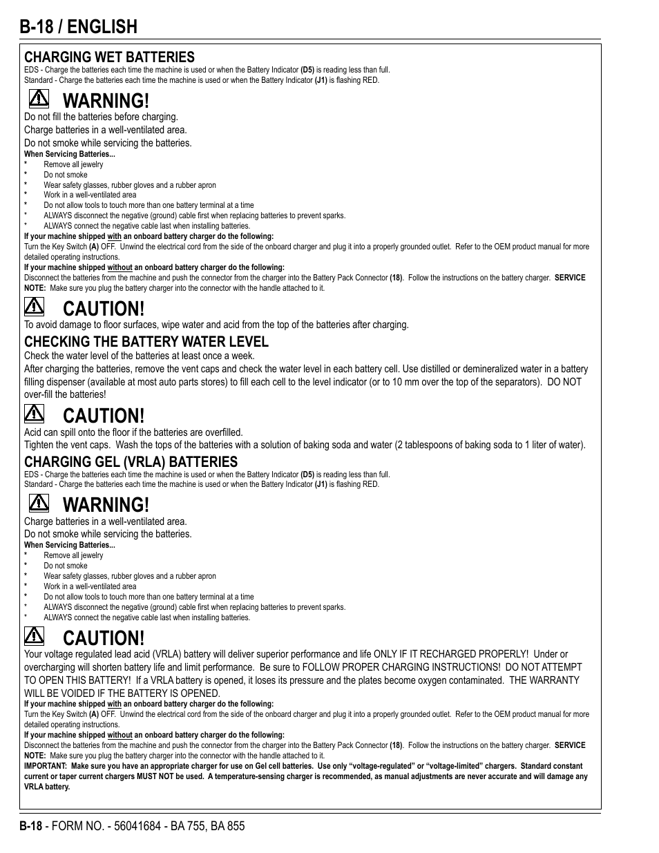 Warning, Caution, B-18 / english | Charging wet batteries, Checking the battery water level, Charging gel (vrla) batteries | Nilfisk-Advance America 56315047(855 EDS) User Manual | Page 40 / 48