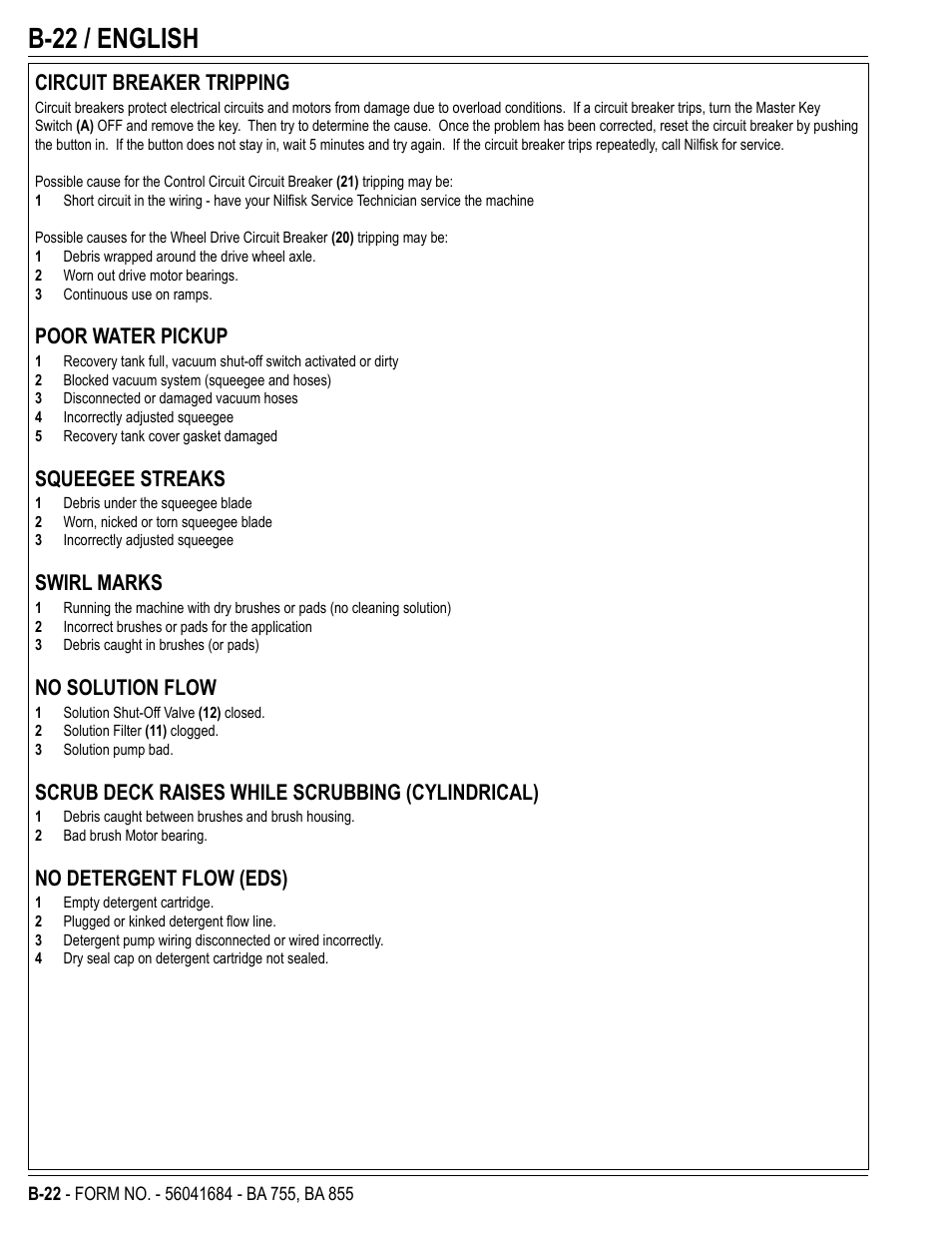 B-22 / english, Circuit breaker tripping, Poor water pickup | Squeegee streaks, Swirl marks, No solution flow, Scrub deck raises while scrubbing (cylindrical), No detergent flow (eds) | Nilfisk-Advance America 56315047(855 EDS) User Manual | Page 44 / 48