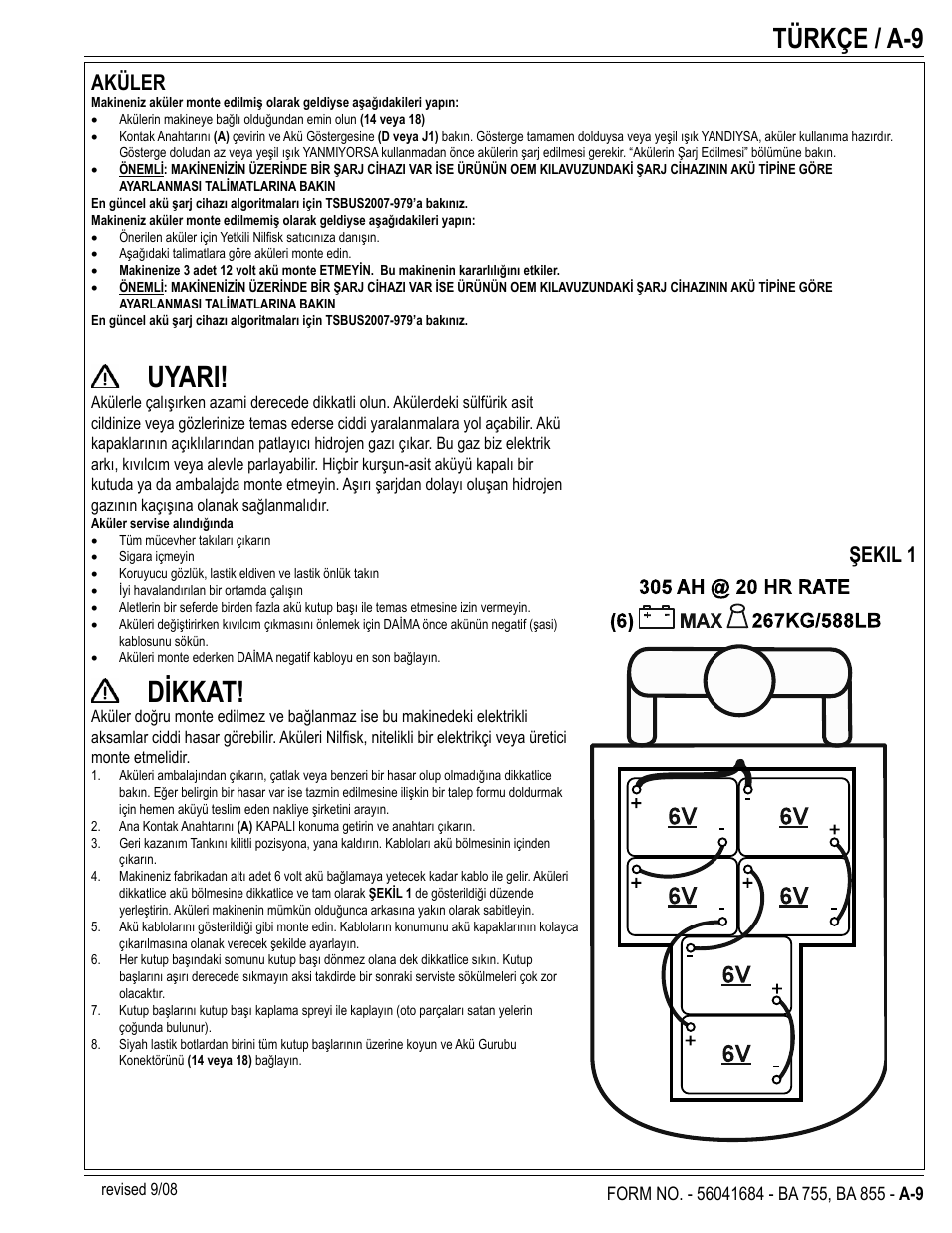 Uyari, Dikkat, Türkçe / a-9 | Aküler, Şekil 1 | Nilfisk-Advance America 56315047(855 EDS) User Manual | Page 9 / 48