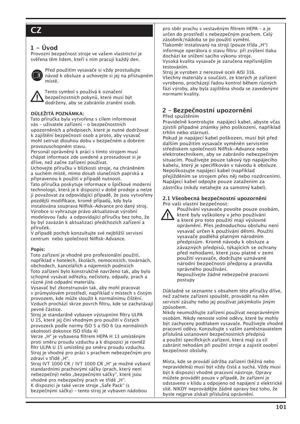 1 - úvod, 2 – bezpečnostní upozornění | Nilfisk-Advance America IVT-1000CR User Manual | Page 101 / 172