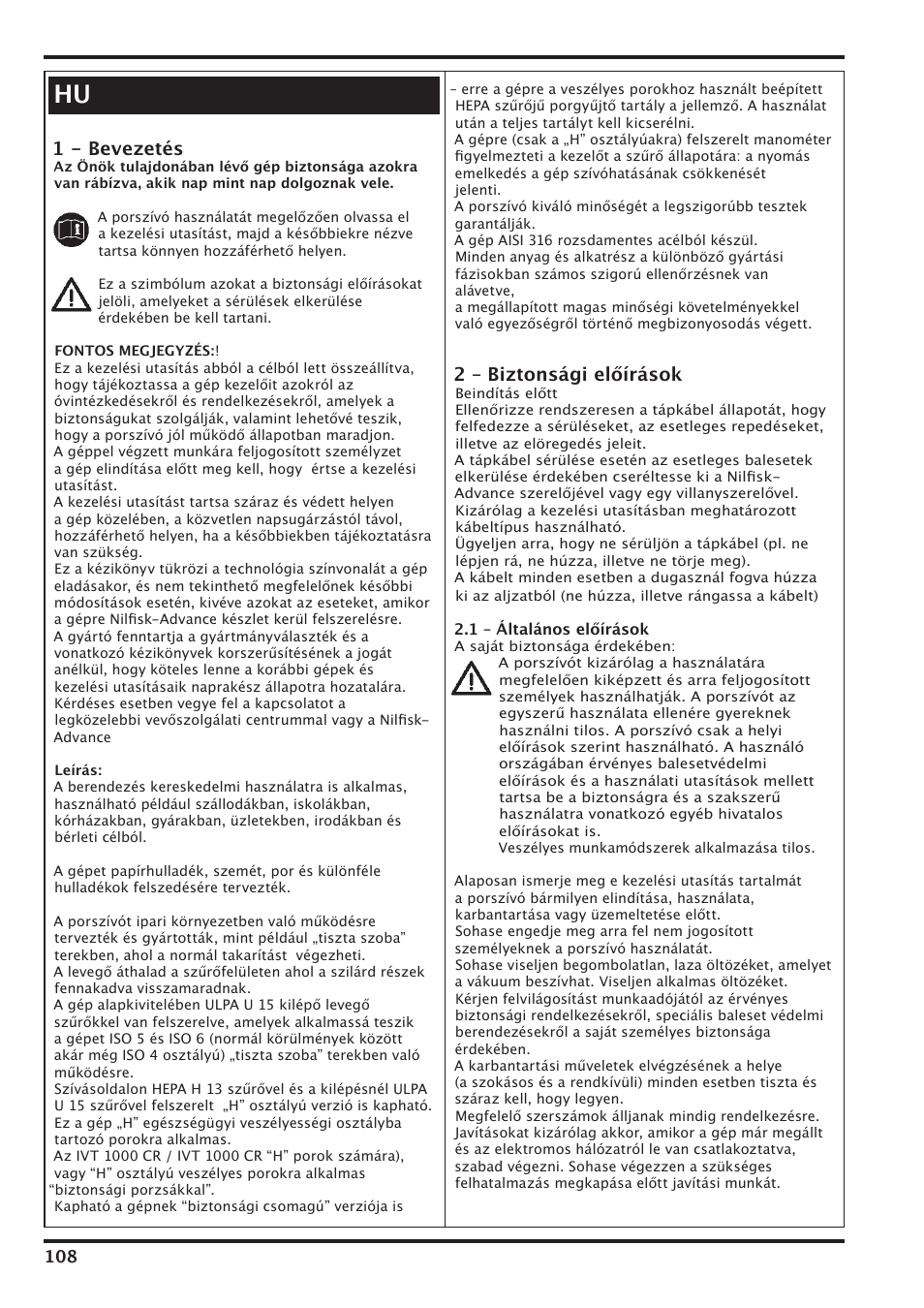 1 - bevezetés, 2 – biztonsági előírások | Nilfisk-Advance America IVT-1000CR User Manual | Page 108 / 172