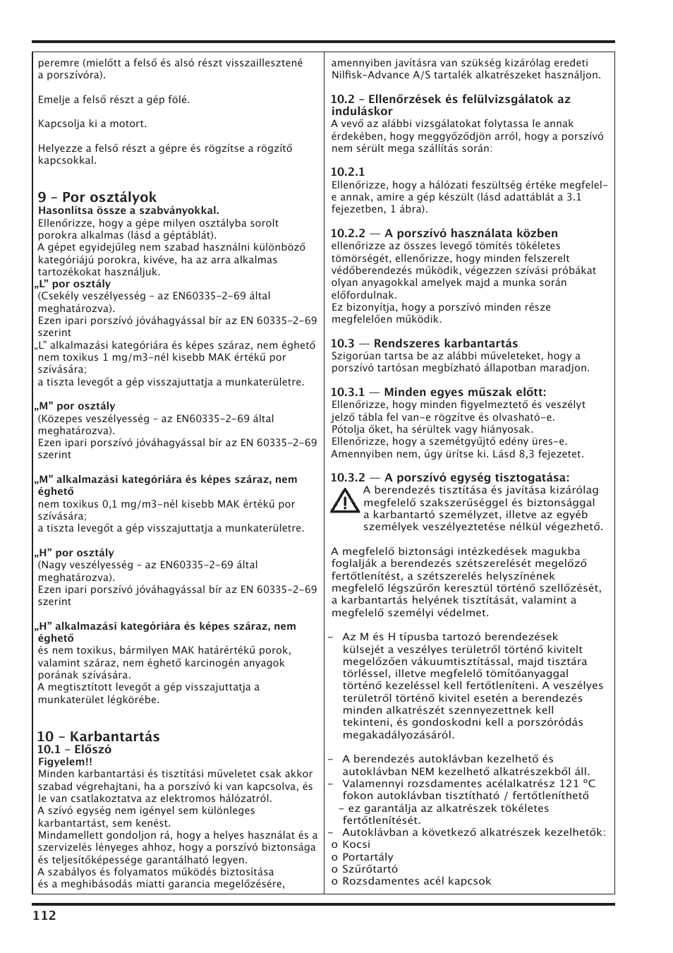 9 – por osztályok, 10 – karbantartás | Nilfisk-Advance America IVT-1000CR User Manual | Page 112 / 172