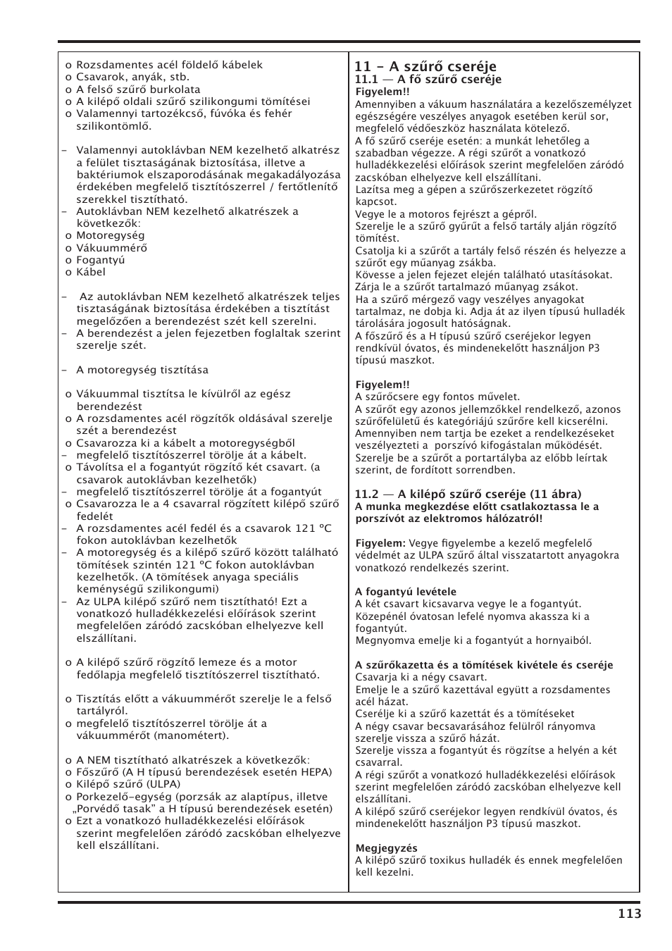 11 - a szűrő cseréje | Nilfisk-Advance America IVT-1000CR User Manual | Page 113 / 172
