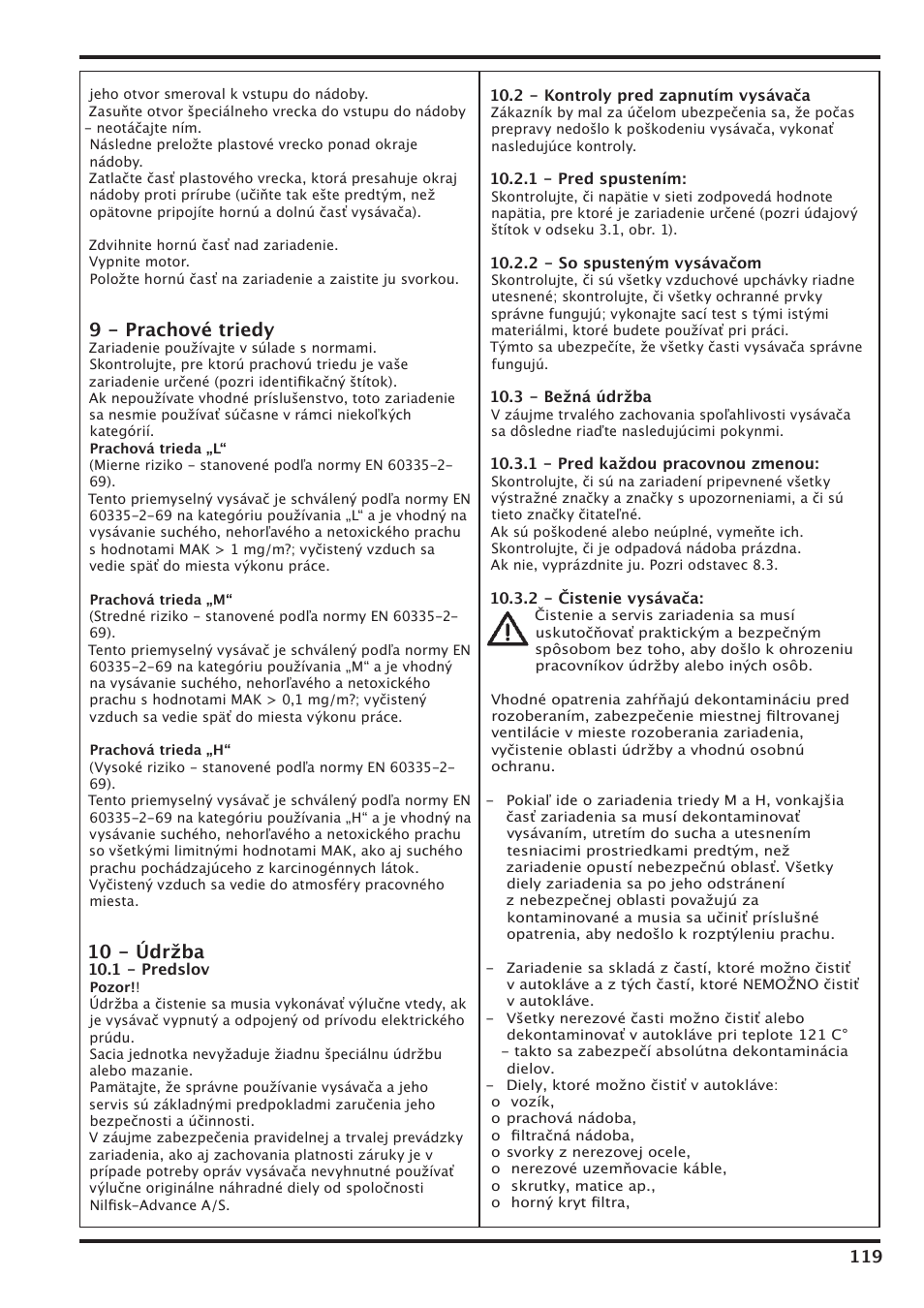 9 - prachové triedy, 10 - údržba | Nilfisk-Advance America IVT-1000CR User Manual | Page 119 / 172