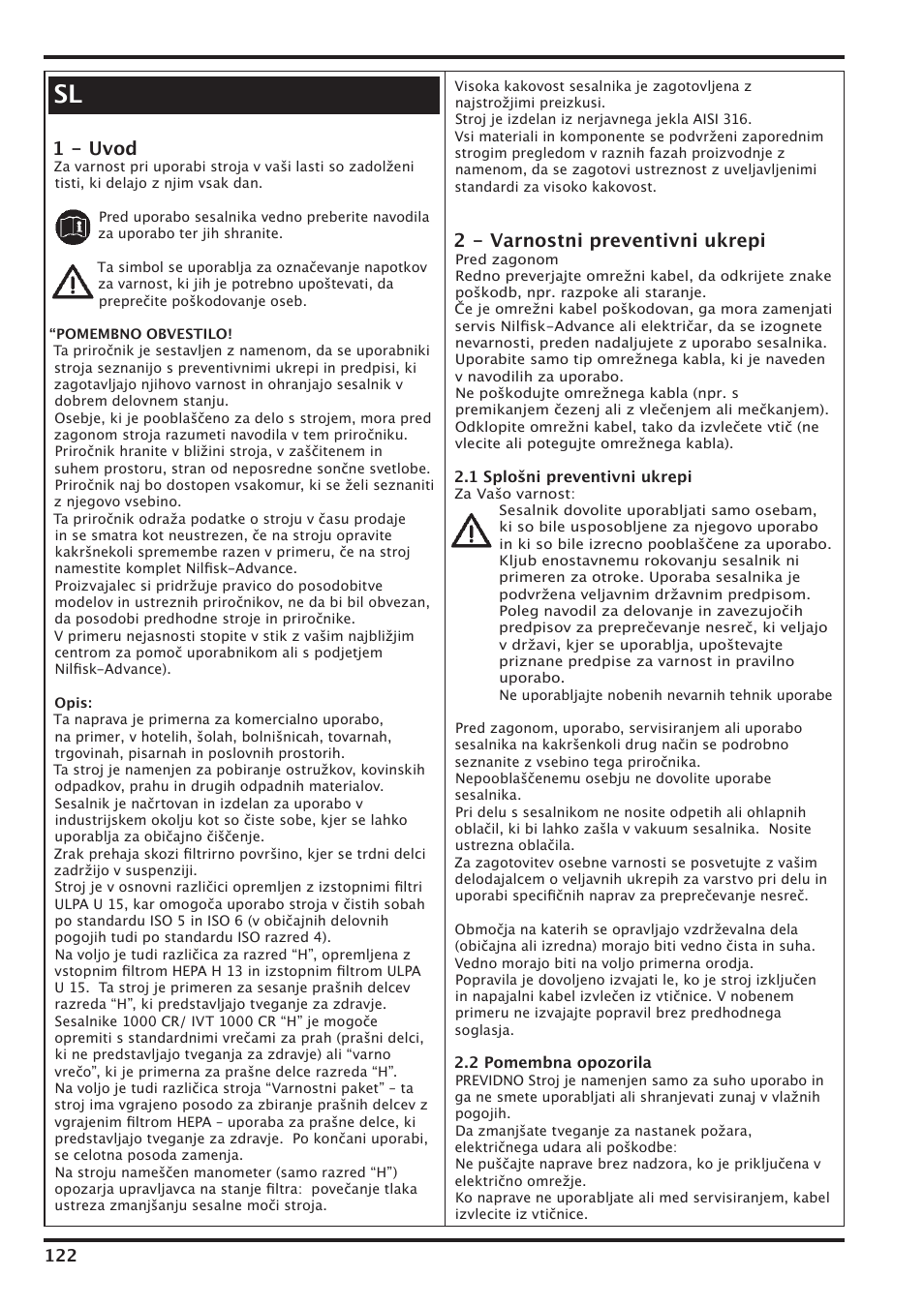 1 - uvod, 2 - varnostni preventivni ukrepi | Nilfisk-Advance America IVT-1000CR User Manual | Page 122 / 172