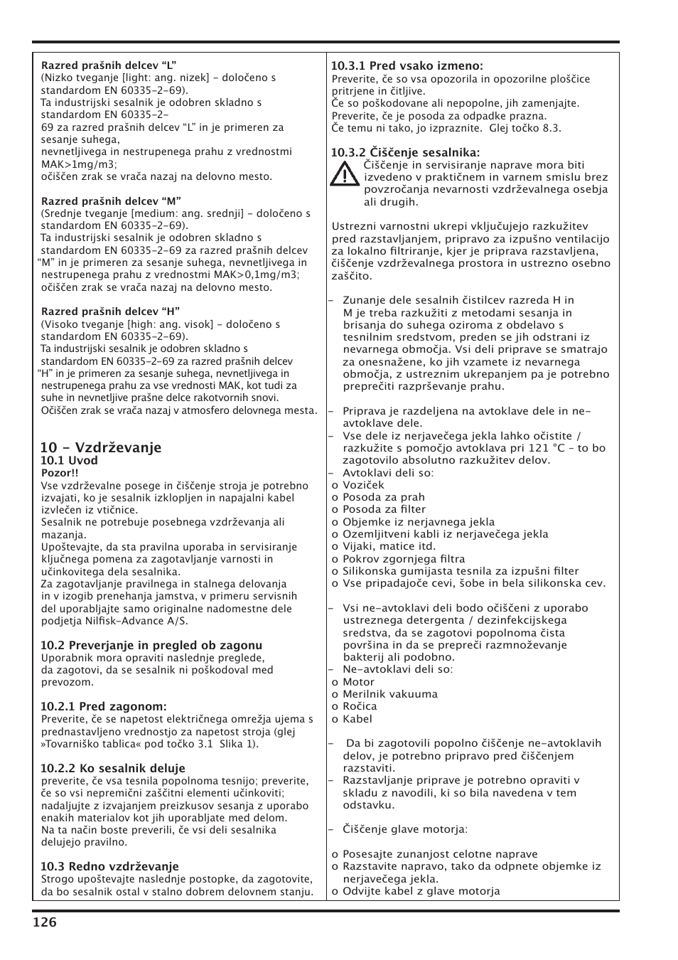 10 - vzdrževanje | Nilfisk-Advance America IVT-1000CR User Manual | Page 126 / 172