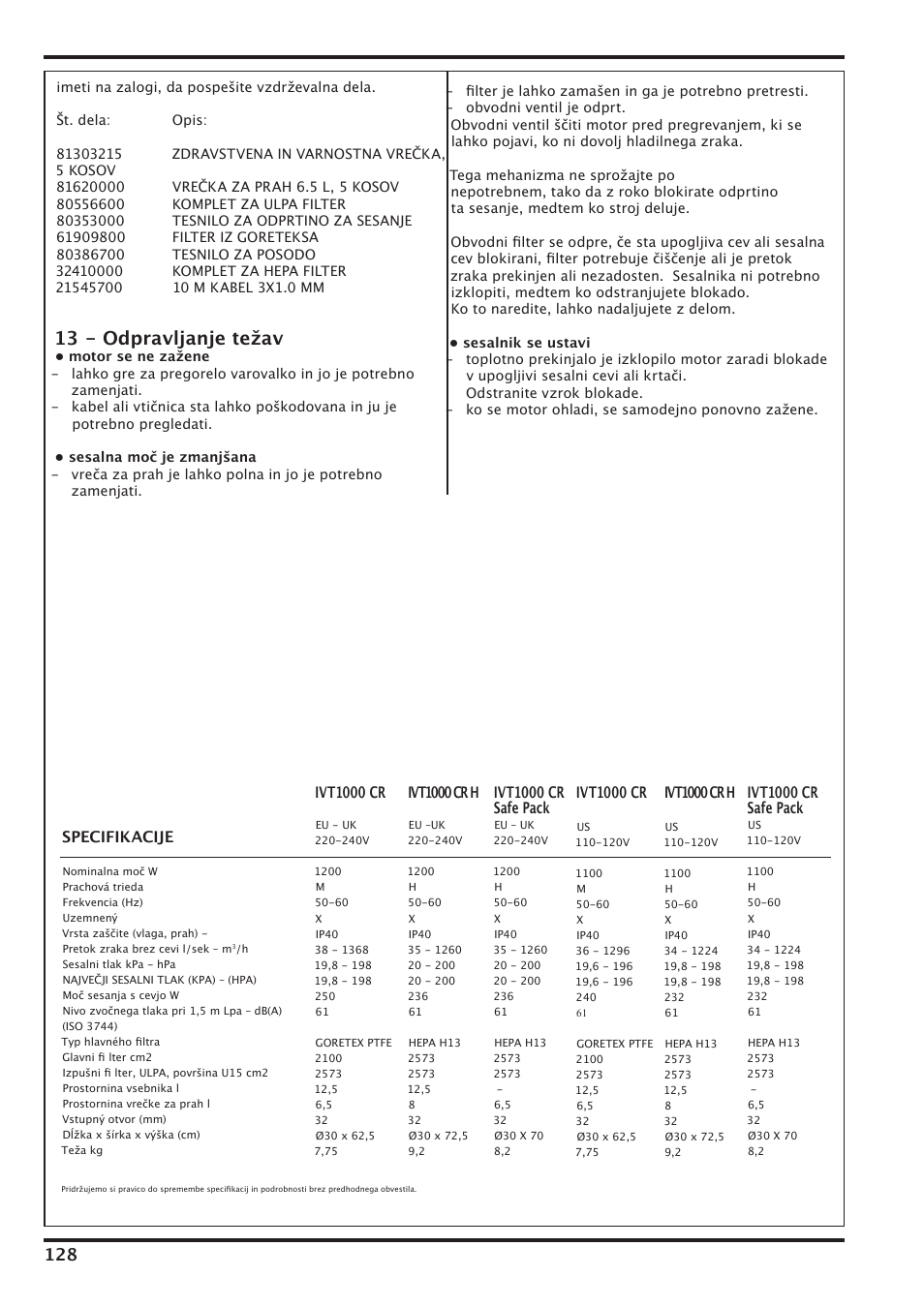 13 - odpravljanje težav, Specifikacije, Ivt1000 cr | Ivt1000 cr h, Ivt1000 cr safe pack | Nilfisk-Advance America IVT-1000CR User Manual | Page 128 / 172