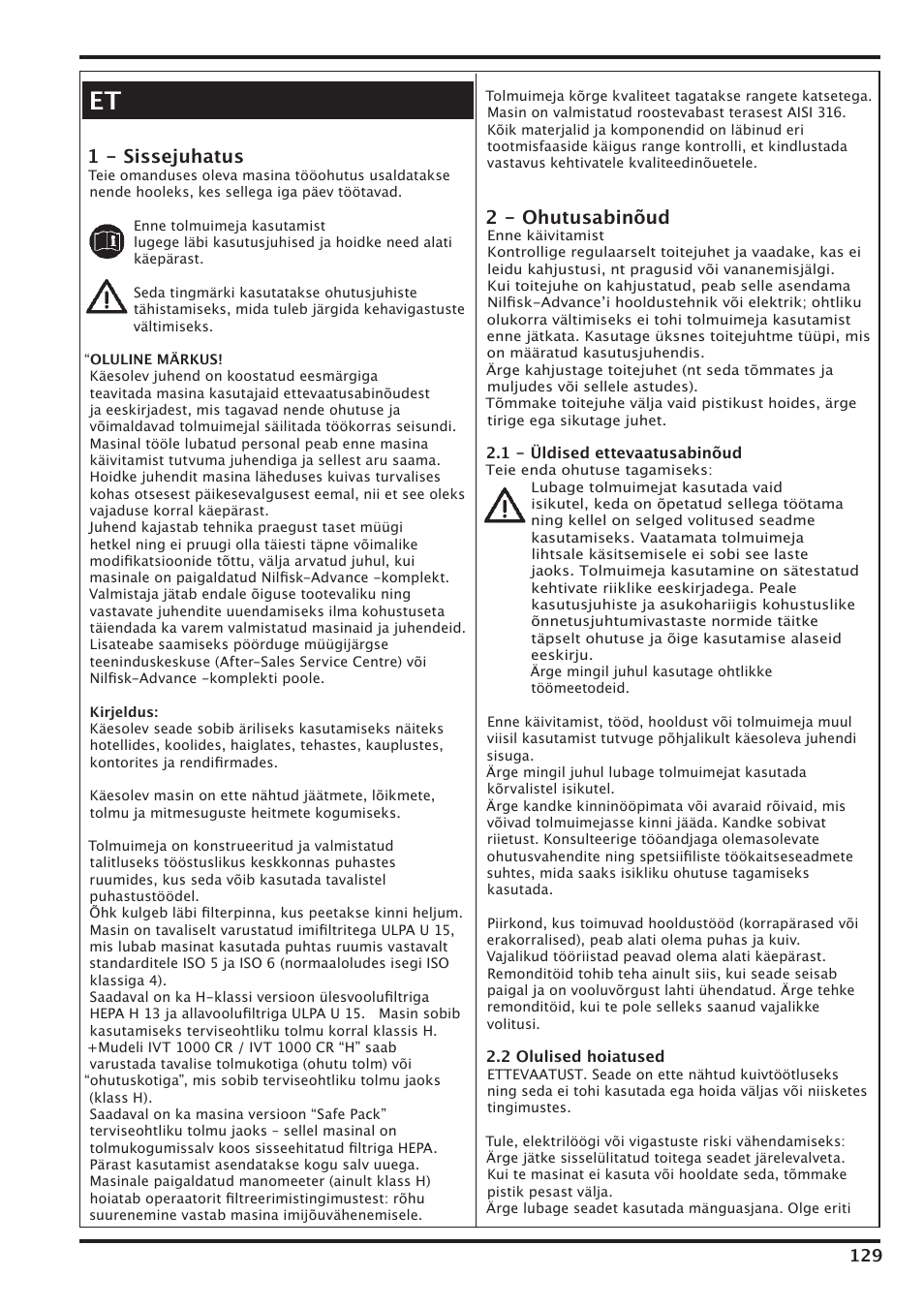 1 - sissejuhatus, 2 - ohutusabinõud | Nilfisk-Advance America IVT-1000CR User Manual | Page 129 / 172