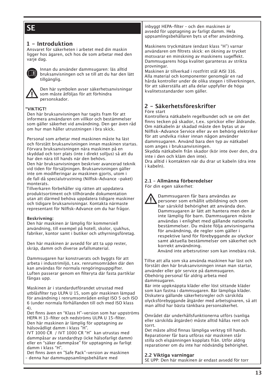1 - introduktion, 2 - säkerhetsföreskrifter | Nilfisk-Advance America IVT-1000CR User Manual | Page 13 / 172